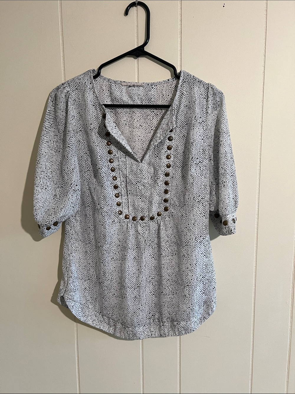 Women’s White Patterned Peasant Blouse with Button Trim Size S